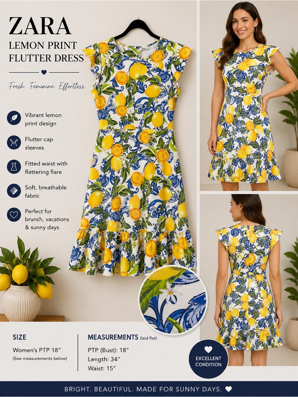 Yellow & Blue Lemon-Print Flutter Mini Dress